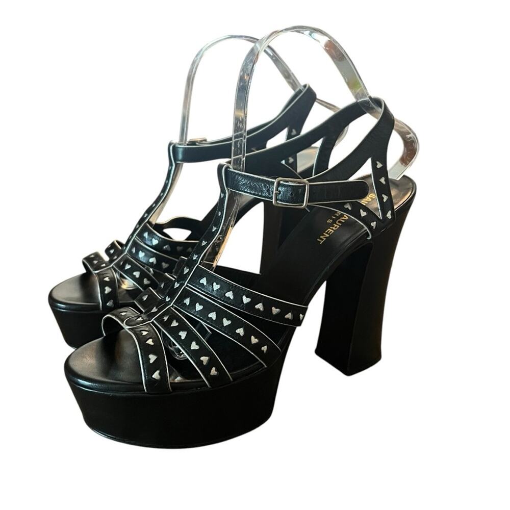 Saint Laurent Black Leather Platform Heel Sandal Silver Hearts EU 40.5 US 10.5